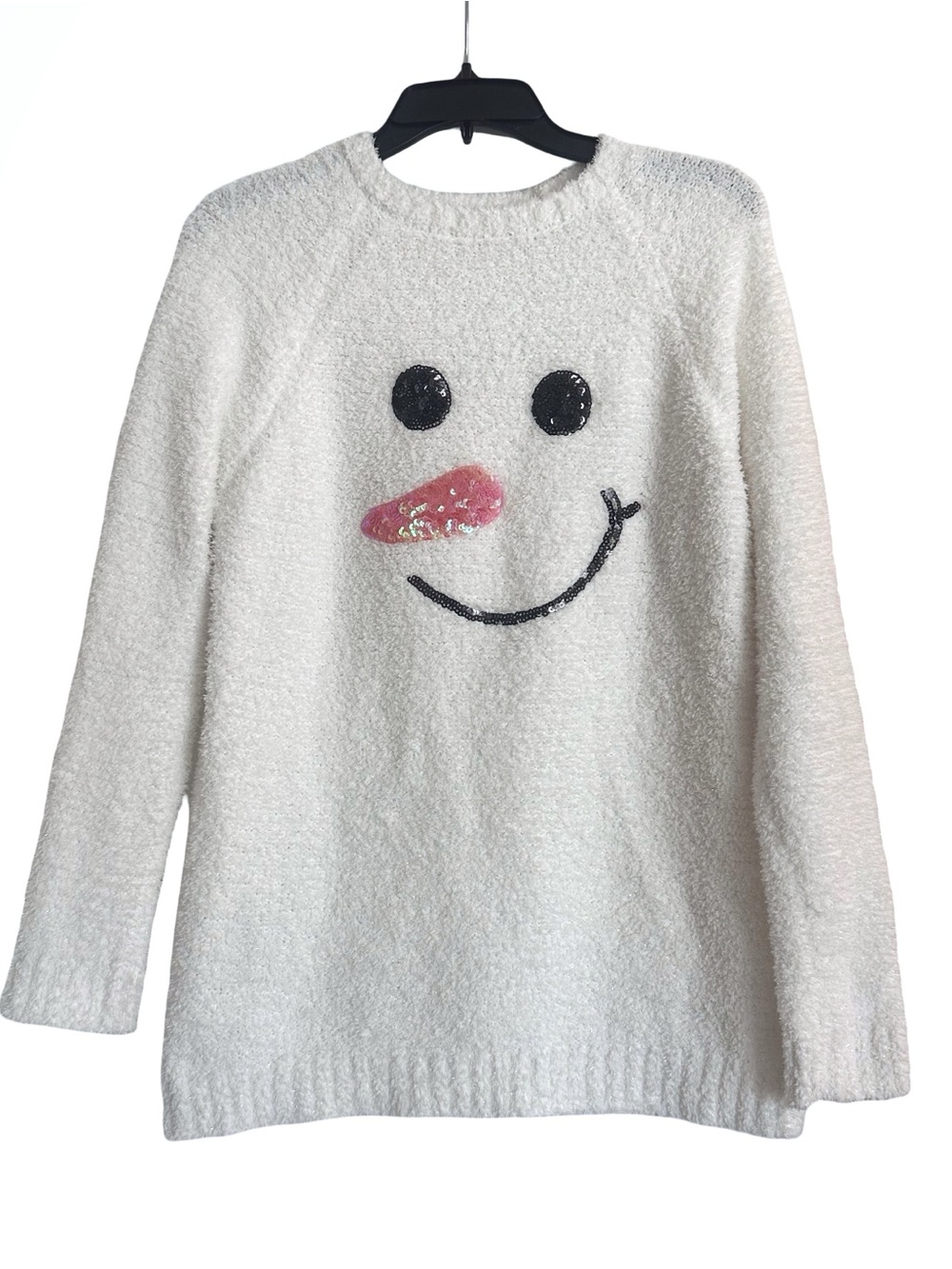Poof! White Soft Fuzzy Knit Sequin Face Snowman Crewneck Pullover Sweater